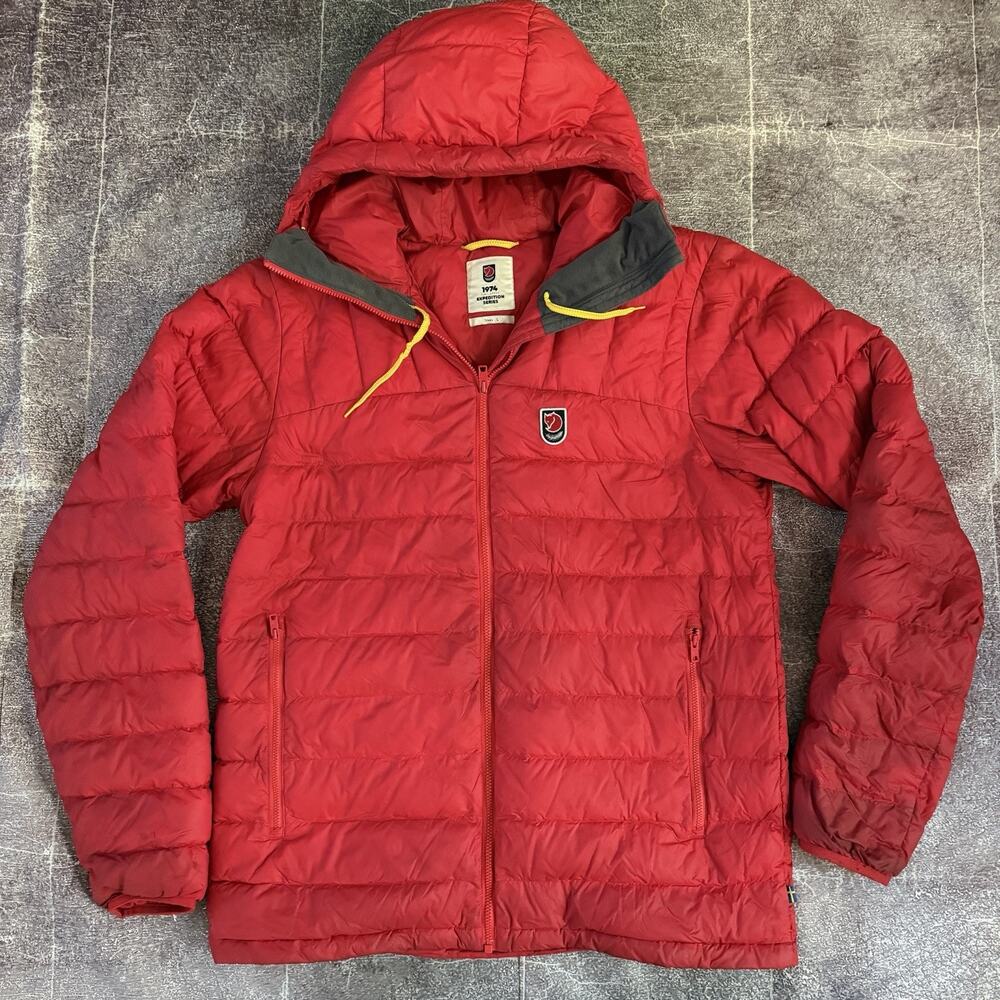 Men's FjallRaven Expedition Pack Goose Down Red Hoodie Puffer Coat Jacket Sz L